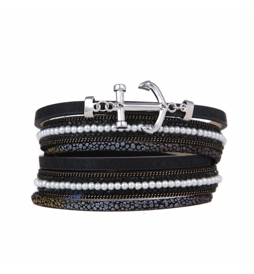 Damen Armband Wickelarmband mit Anker &amp; Strass/Perlen Magnetverschlu&szlig;, nickelfrei Schwarz